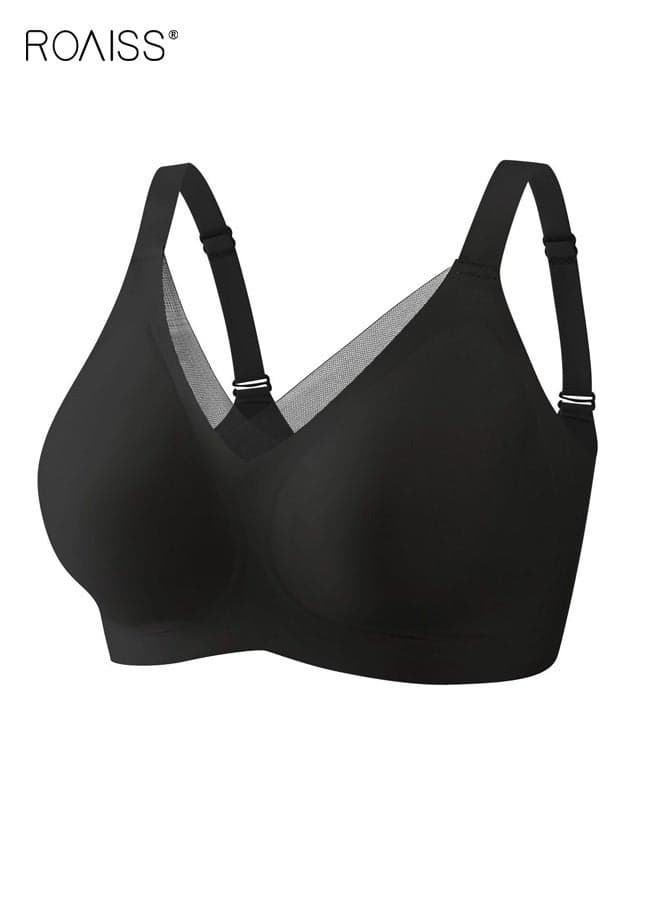 Womens Wireless Jelly Bras V Mesh Soft Comfortable Bralette Supportive Tshirt Bra No Underwire Seamless Push up Everyday Bras for T-Shirts, And Low-Cut Tops Black