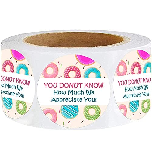 Donut Know How Much We Appreciate You Stickers,Donut Appreciation Stickers,1.5 Inch Teacher,Staff,or Employee Appreciation Thank You Sticker,Great for Envelope Seals and Gift Bags
