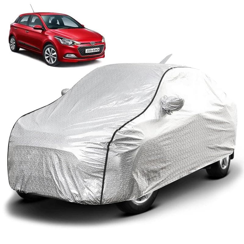 FABTEC Waterproof Car Body Cover for Hyundai Elite i20 (2015-2020) with Mirror and Antenna Pocket, Soft Cotton Lining, Triple Stitched (Heat Resistant Metallic Silver with Black Piping)