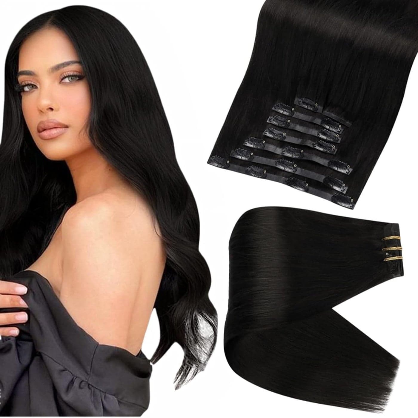 Full Shine Black Hair Extensions Clip in Human Hair Seamless Hair Extensions Clip ins Black Invisible Clip in Hair Extension for Short Hair 8 PCS 12 Inch 95 G