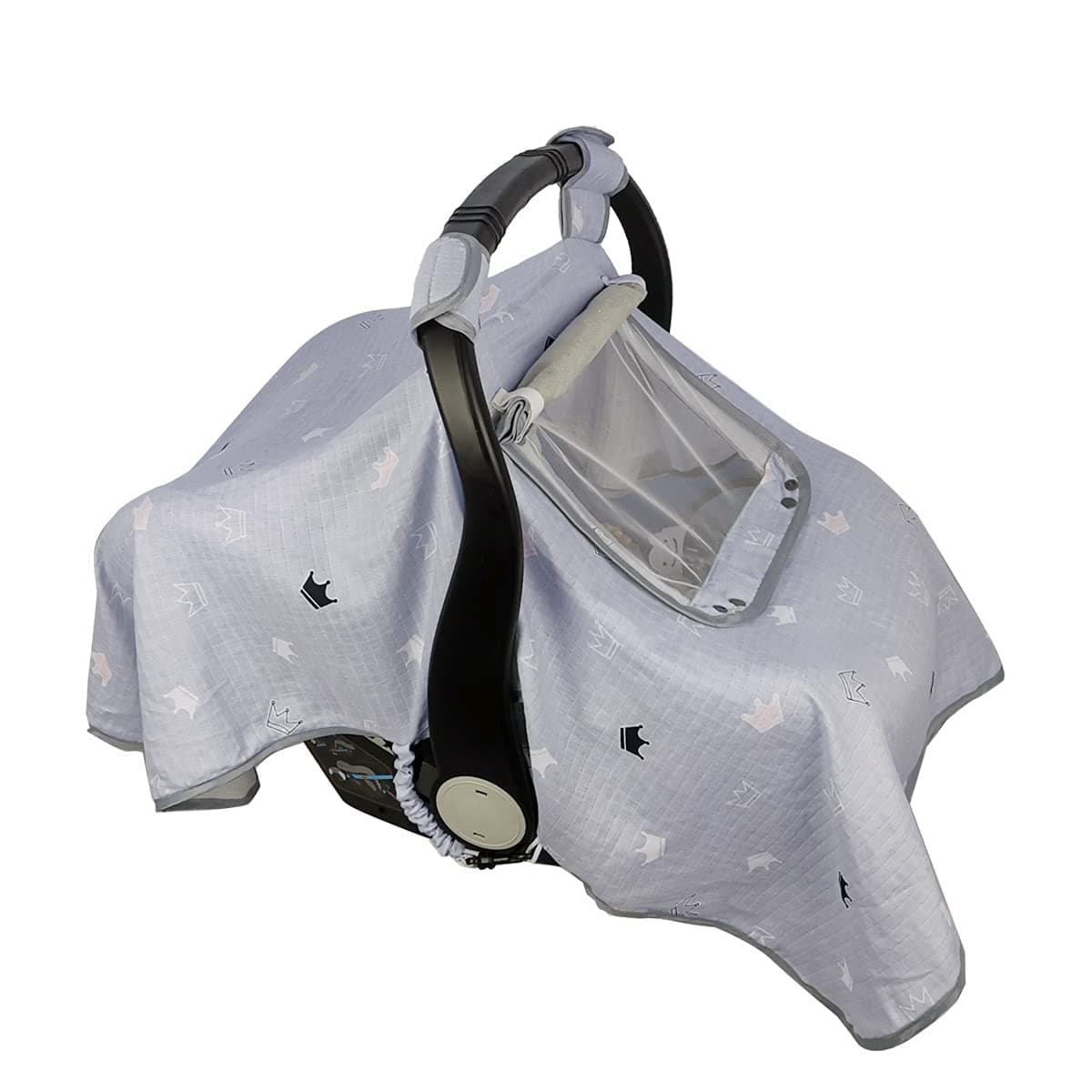 ICOPUCA Car seat Covers for Babies KickProof carseat Cover boy Girls carseat Canopy with Window Light Weight Muslin fit SummerAutumnSpring Neutral Grey Crown