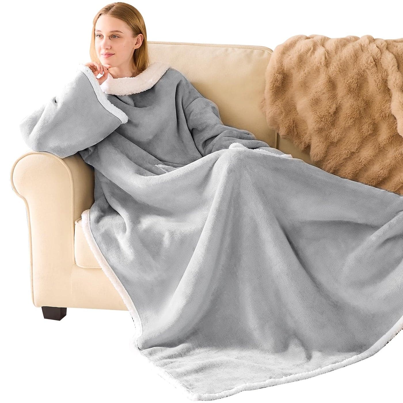 IFNOW Sherpa Wearable Blanket with Sleeves for Women Men Adults Cozy Wearable Blanket with Arm and Pocket Warm Full Body TV Wrap Throw Blanket Soft Robe Blanket as Gifts for Mom Wife Grey