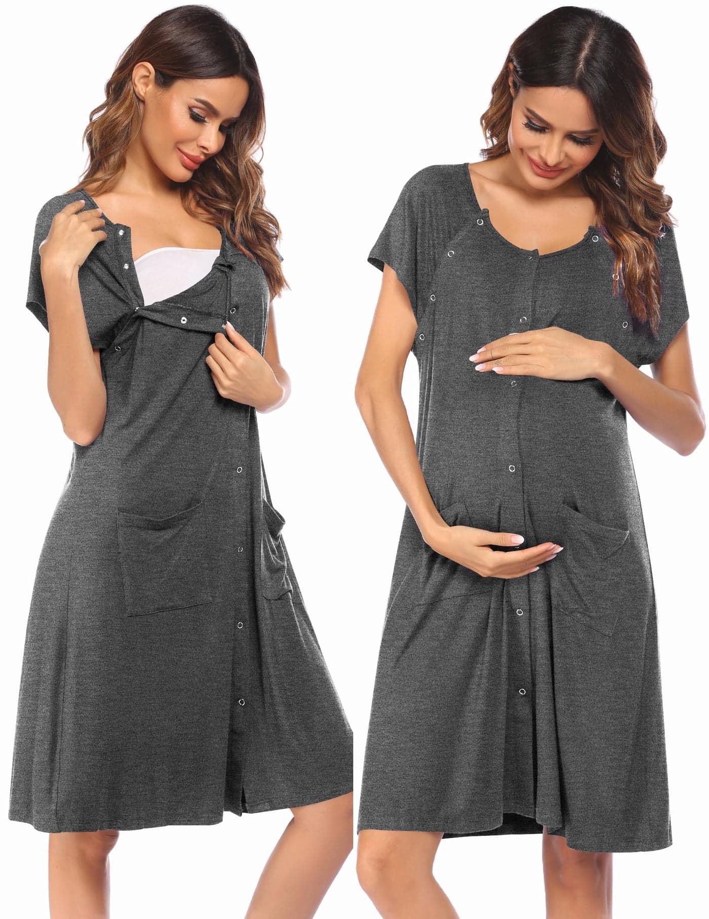 Ekouaer 3 in 1 Labor/Delivery/Hospital Gown Nursing Dress Maternity Nightgown Sleepwear for Breastfeeding with Button S-XXL Light Grey
