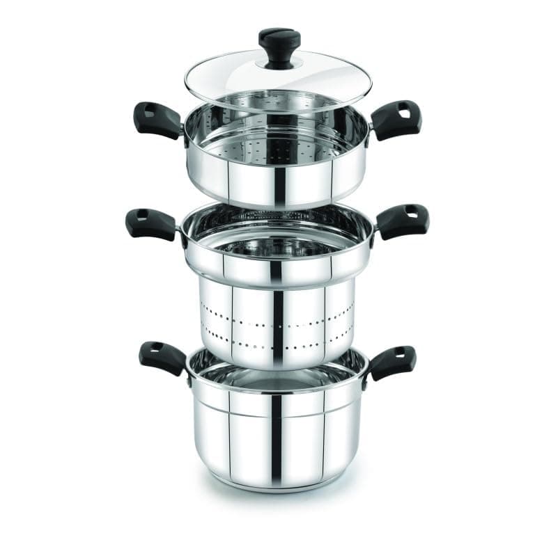 Praylady Triply Base Multi Purpose Cookpot 28 cm | 7.50 L | Triply S.S. | Glass Lid | Steamer & Strainer | W/O Idli Plates | Momos | Biryani | Cooks 1 Kg Rice | Heat-Resistant | Induction and Gas