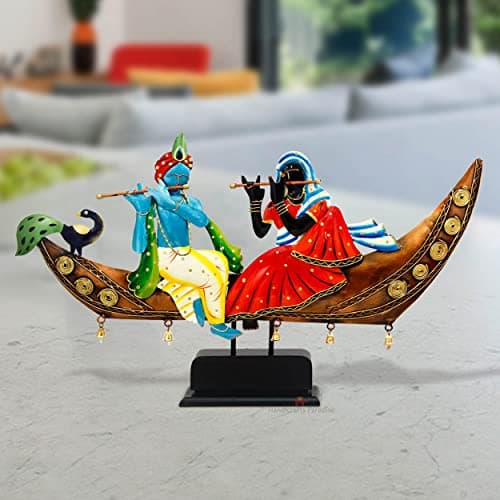 Handicrafts Paradise Iron Radha Krishna Sitting On Boat Showpiece 21.5 X 2.5 X 12.75 Inch, Multicolor
