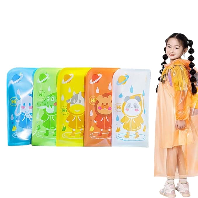 PATPAT® 5Pcs Kids Rain Coat Travel Set, Lightweight PVC Poncho for Boys & Girls, Hooded, Bright Colors, Transparent, Quick-Wear, Waterproof, Age 6-8, Outdoor/School/Theme Park Use