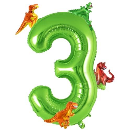 Dinosaur Green Number 3 Balloon 40 Inch Big Large Foil Helium Green Number Balloon with 4 Pcs Mini Dinosuar Dinosuar Mylar Balloons Set for 3 Year Old Birthday Party Decorations Supplies