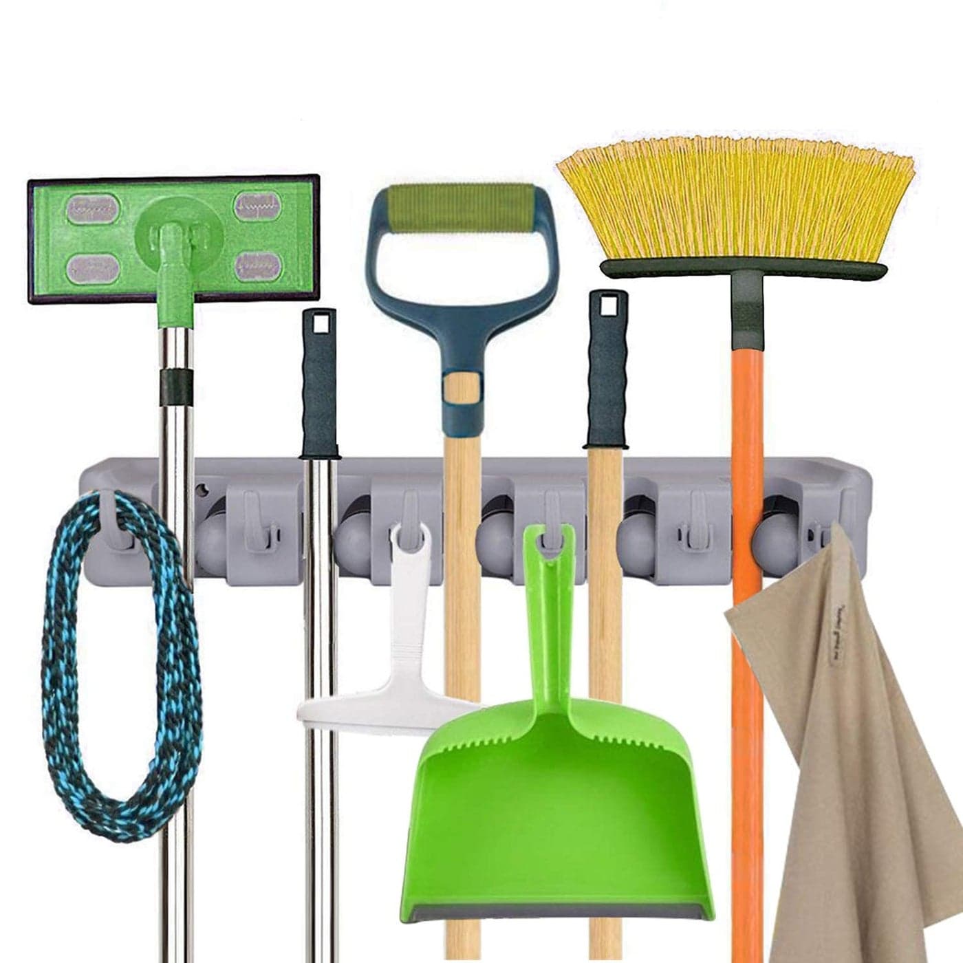 ANKZWEE Mop and Broom Holder Wall Mount Heavy Duty Broom Holder Wall Mounted or Tool Organizer for Home Garden Garage and Storage 5 Positions with 6 Hooks Multicolor