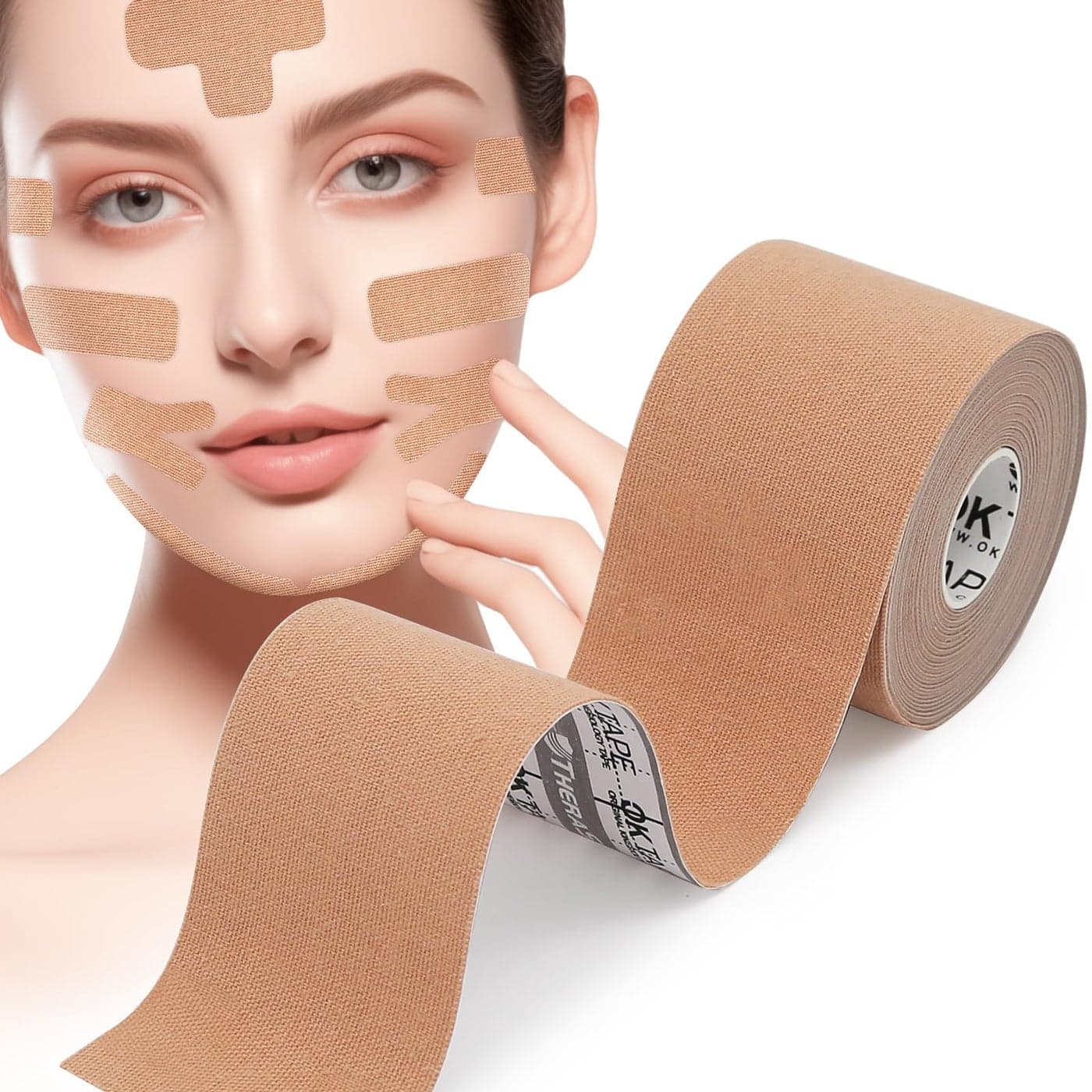 OK TAPE Face Lift TapeFacial Myofascial Lift Tape for Firming and Tightening Skin Face Neck Lift Tape AntiWrinkle AntiFreeze Tape 1 Roll 2in x 164ft 5cm x 5m Beige