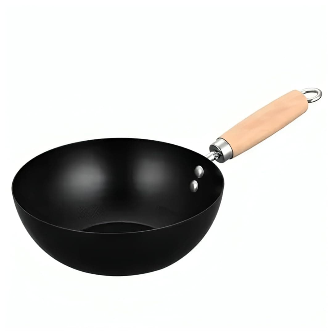 Gyanadh NonStick Fry Pan 37 CM Traditional Carbon with Wooden Handle HeatResistant Mini Padella StirFry Pan for Gas Electric Ceramic Stoves Perfect for Cooking Steaming Roasting
