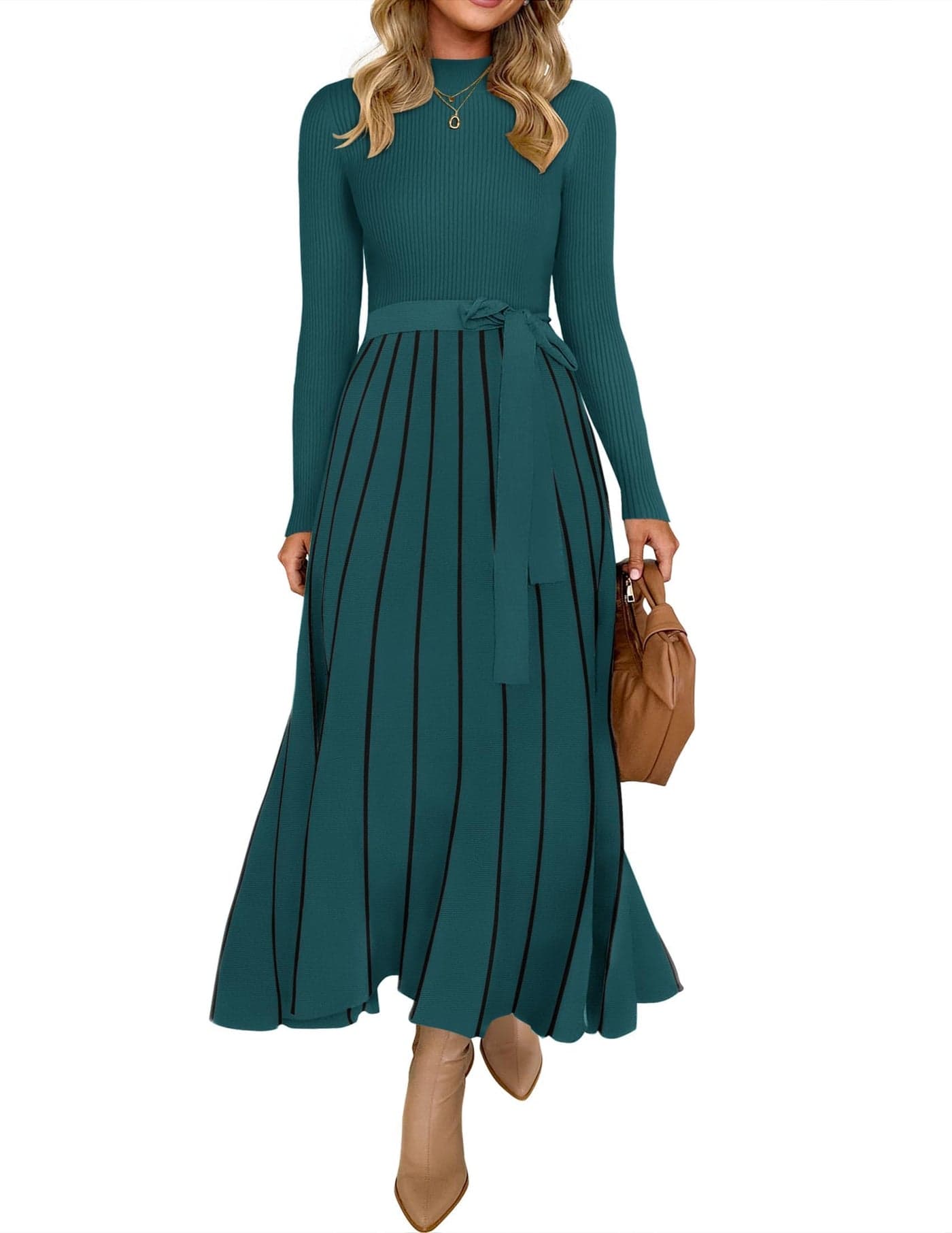 ZESICA Womens 2025 Fall Turtleneck Long Sleeve Sweater Dress Tie Waist Casual Loose Ribbed Knit A Line Midi Dresses,Teal,Small