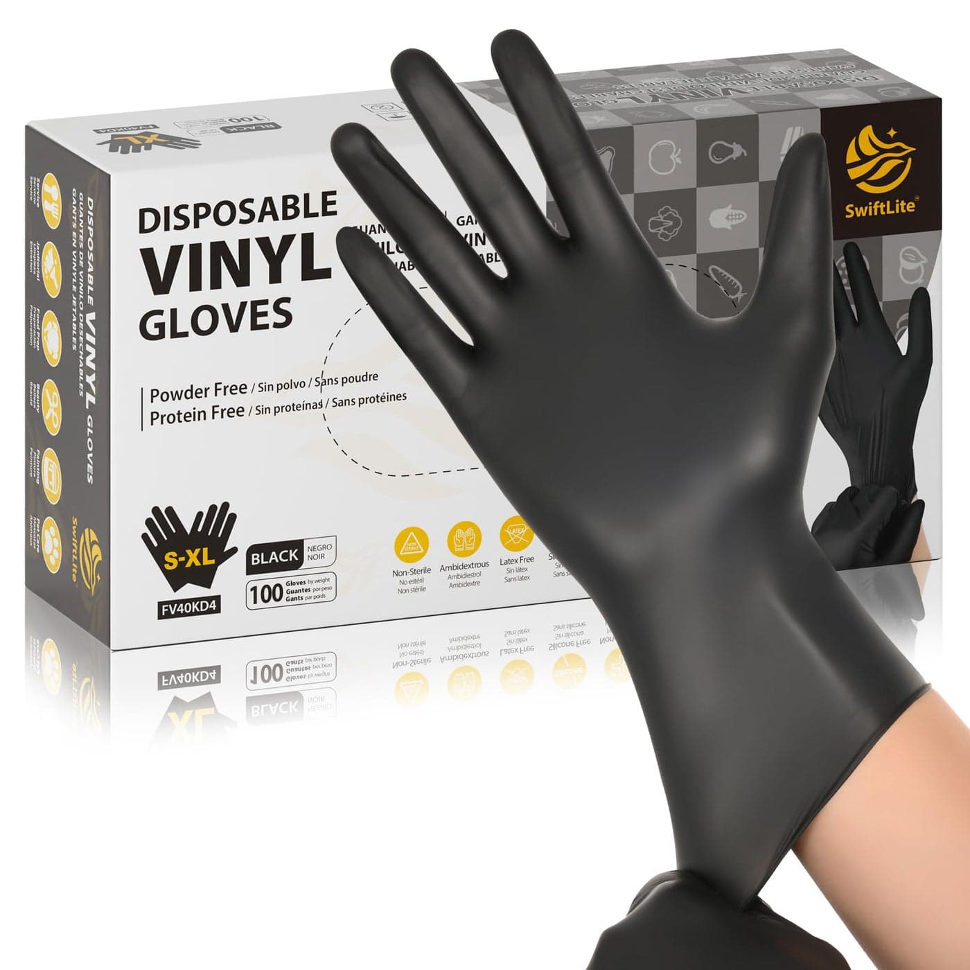 SWIFTLITE Black Vinyl Gloves Food Grade Gloves Disposable Latex Free Powder Free Guantes for Cleaning Cooking Food Prep 100 XLarge