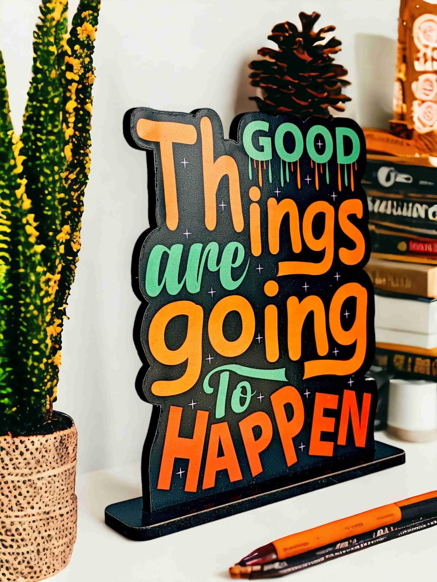 SAF Wooden Idols & Figurine Good Things are Going to Happen Motivational Quote Table Decor for Office Desk,Home Decor Item,Living Room,Bedroom,Modern Art Wood Showpieces Decorative Gift,14cm,15cm