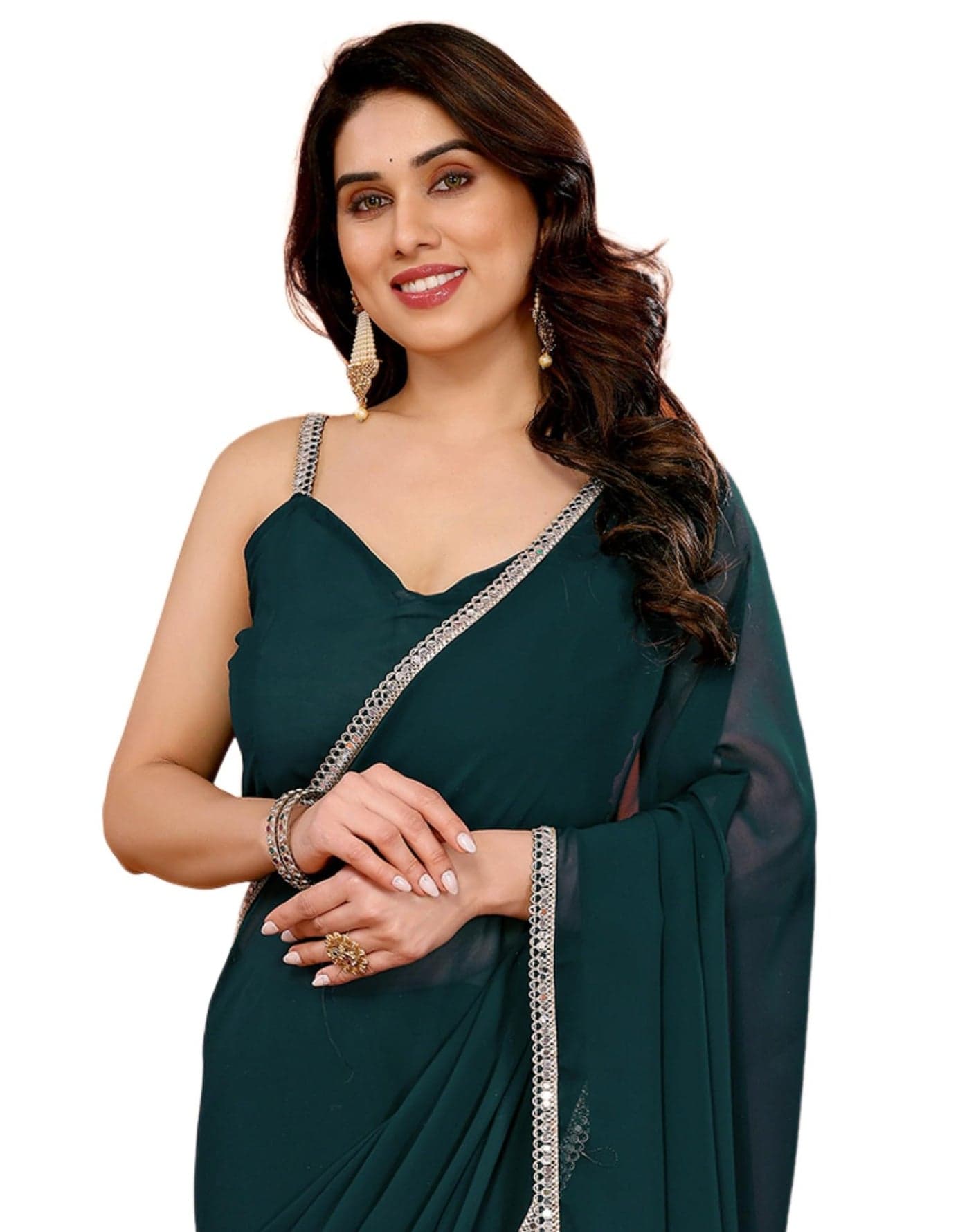 SIRIL Women's Georgette Mirror Work Lace Saree With Unstitched Blouse Piece (4255S663A_Rama Green)