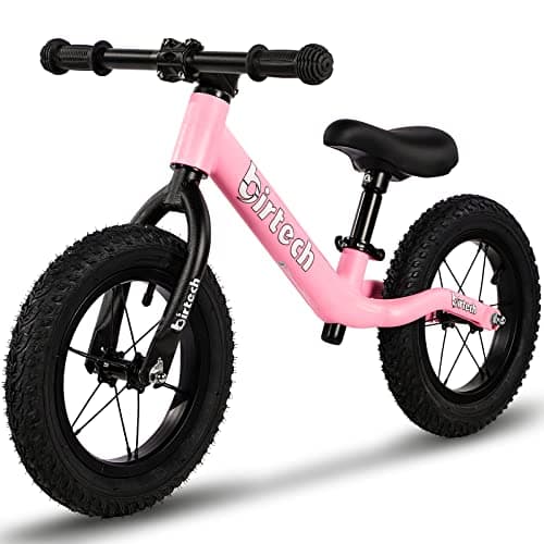 Birtech 12 Balance Bike for 2 3 4 5 Year Old Boys and Girls Lightweight Nylon Frame Toddler Training Bike No Pedal Bikes for Kids with Adjustable Seat and Air Tires Pink