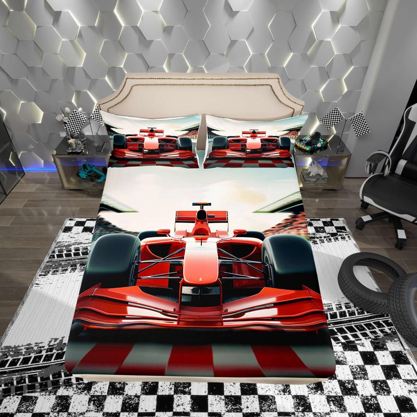3D Red Formula Car Bedding Set Twin Size Cool Racing Car Bed Set for Teens Bedroom Decor Kids Sheet Microfiber Racing Speed Sport Bed Cover1 Fitted Sheet1 Pillow Case No Flat Sheet