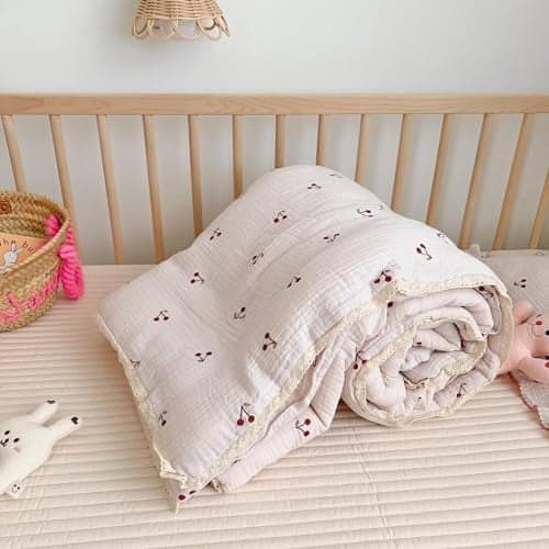 BuLuTu 1 Piece Baby Toddler Muslin Quilt Blanket 47x59 Inches Crib Comforter Cute Cherry Print Quilted Blankets for Boys Girls Toddler Comforter Soft Breathable Machine Wash