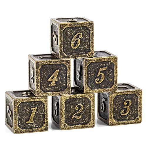 DNDND 6 Sided Dice Set 6 Pieces Ancient Brass D6 Metallic Dice with Free Black Velvet Bag for DD DND Pathfinder Shadowrun or GURPs