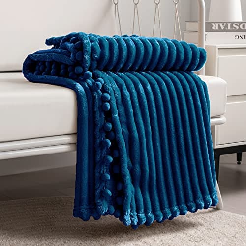 DISSA Fleece Blanket Twin Size – 60x80, Blue - Soft, Plush, Fluffy, Fuzzy, Warm, Cozy – Perfect Throw for Couch, Bed, Sofa - with Pompom Fringe - Flannel Blanket