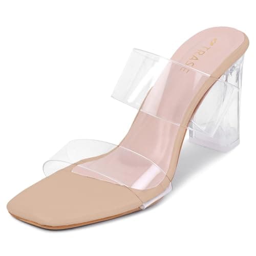 TRASE Transparent Double Strap Block Heels for Women Stylish | Fashionable Heel Sandals for Girls | Elegant & Formal Footwear (Beige, 3 UK)