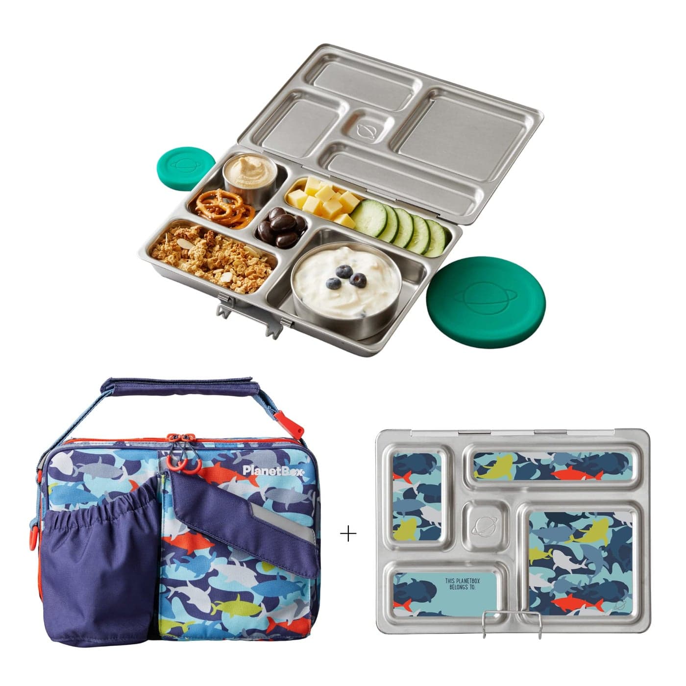 PlanetBox Rover Stainless Steel Bento Lunch Box with 5 Compartments, Sharks Carry Bag and Magnets
