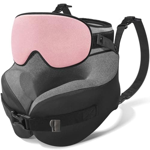 YFONG Travel Pillow for Long Flight Airplanes, Head Strap Combo with 3D Contoured Eye Mask for Sleep, Neck Pillow for Car Trip Essential, 360° Support Memory Foam Headrest, Prevent Head Bobbing, Pink