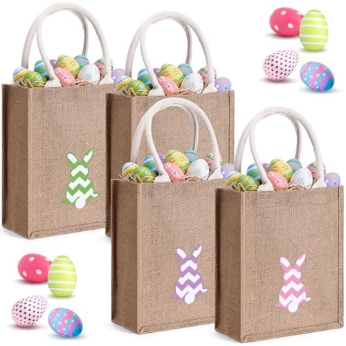 Honeydak 4 Pcs Easter Baskets Bunny Burlap Easter Tote Gift Bags with Handle Jute Stripe Rabbit Gift Bags for Kids Egg Hunt Game Spring Party Supplies