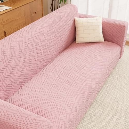Lukzer 3 Seater Pastel Pink Abstract Design Sofa Cover | 240 GSM Universal Stretch Fit Jacquard Fabric Couch Protector | Fully Covered Anti Slip & Washable Sofa Cover | (180-230cm/SC-168-03)