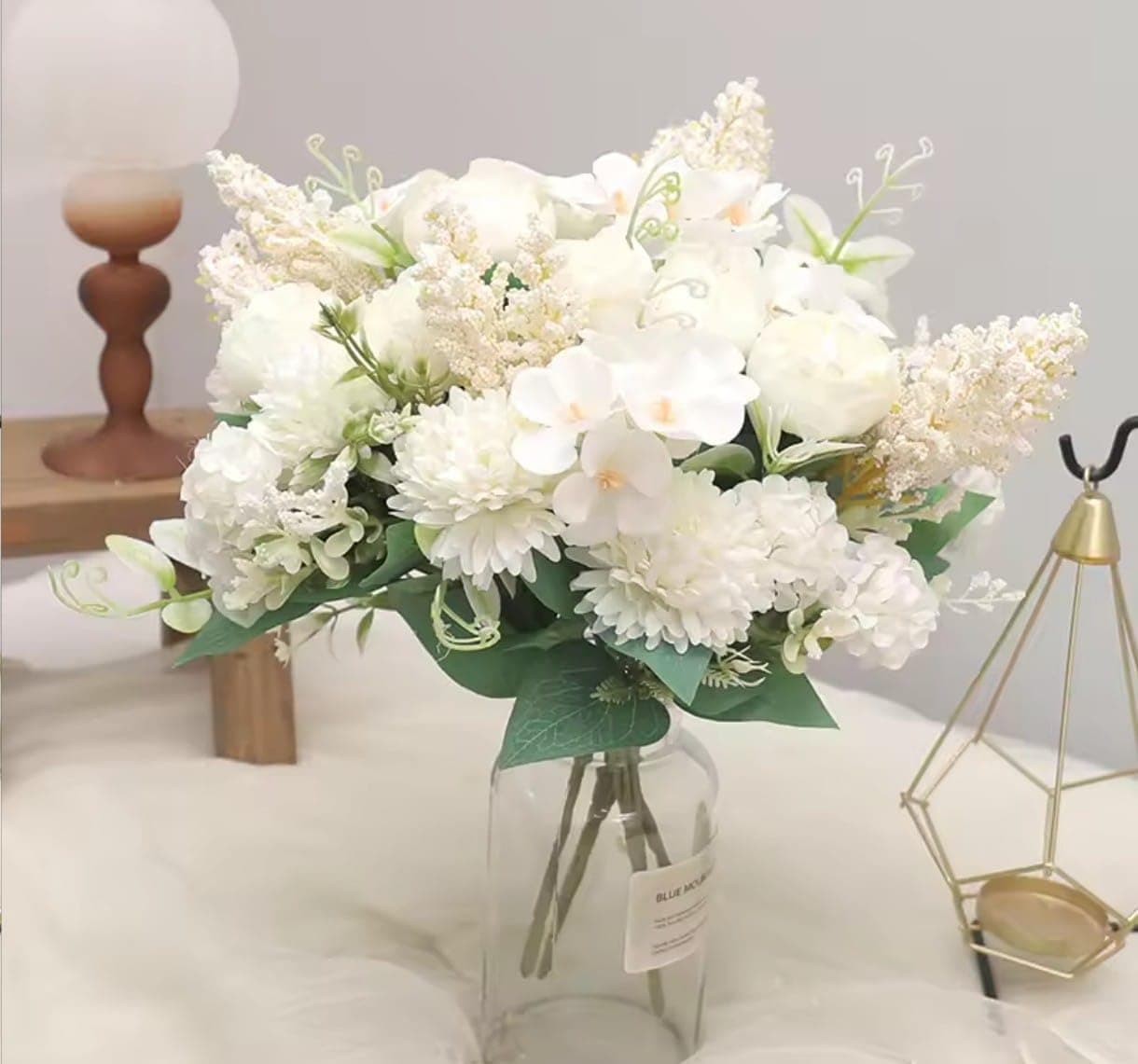 VRB Dec 1 Pcs Artificial Flower Bunch Dahlia,Lily,Roses Flowers Sticks,Lily Artificial Flowers for Home Decor,Bedroom, Living Room, Table, Balcony, Office, Wedding, Pooja (White)