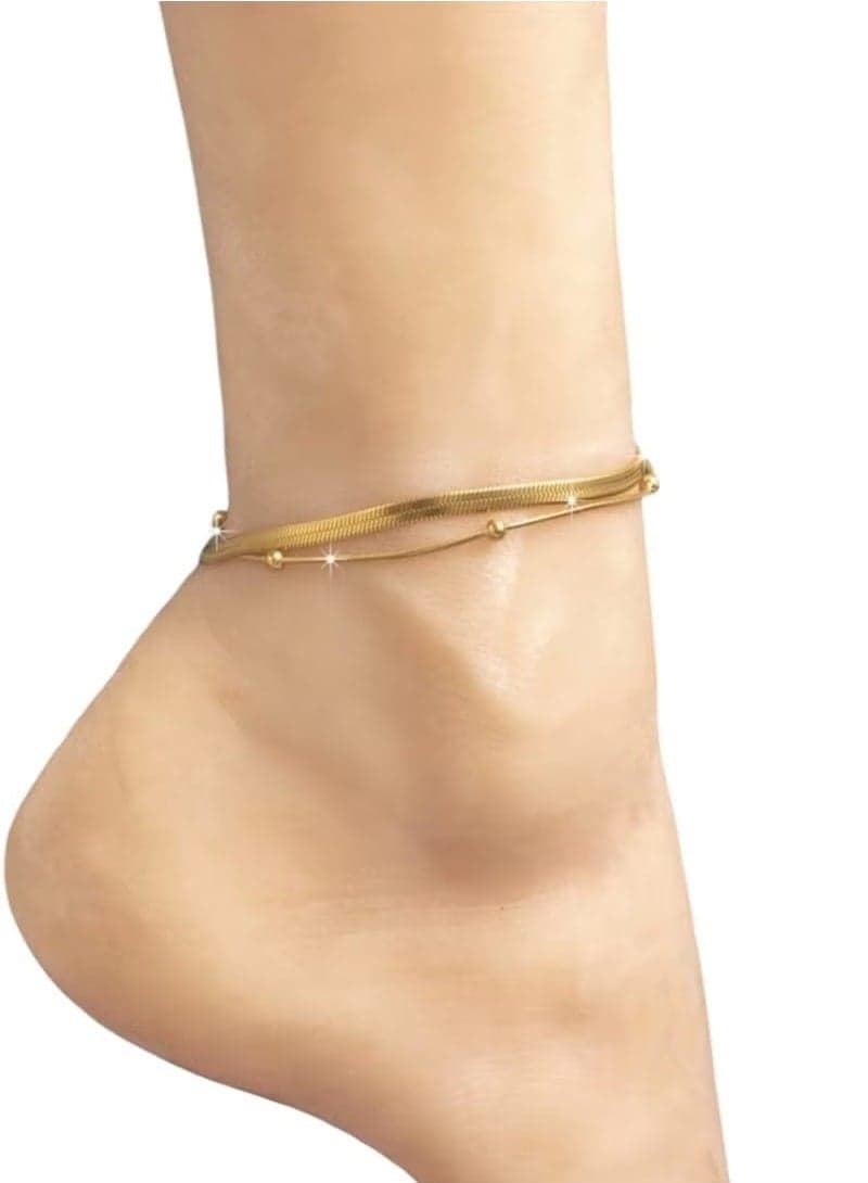 Fashion Stainless Steel 18K Gold Plated Double Layer Ball Bead Anklet for Women Party Holiday