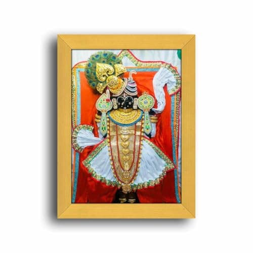 pnf Poster N Frames Dwarkadhish Religious Golden Wood Photo Frame with Acrylic Sheet (Glass) for Worship/Pooja with table stand and wall mount-50084-(6x8 inch, Multicolour, Small)
