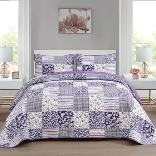 Mybedsoul Purple Quilt Set Full Size, 3 Pieces Plaid Floral Bedspread Set Patchwork Reversible Bedding Set Microfiber Lightweight Bedspread Coverlet Set for All Season 78"x90"