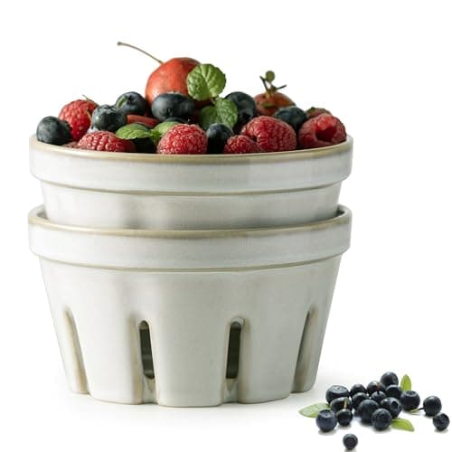 Gomakren Ceramic Berry Basket Set of 2 Fruit Basket for Kitchen Fruit Bowl with Holes 58 Inch Round Berry Containers Colander Farmhouse Kitchen Decor White