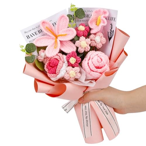Kogyxe Crochet Flowers Bouquet, Handmade Knitting Crochet Flowers, Tulips Flower and Calla Lily Bouquet for Valentine's Day, Gifts for Women, Birthday (Pink)