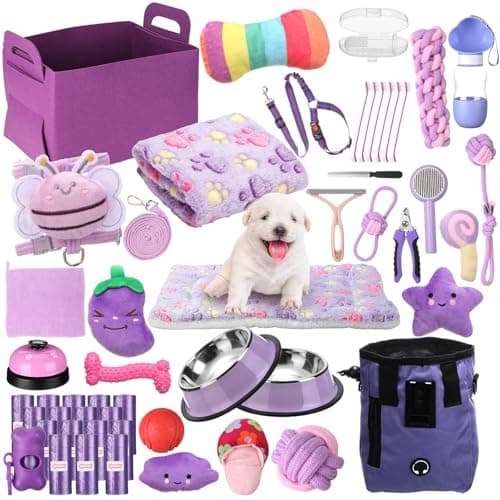 Abbylike 50 Pcs Puppy Supplies Starter Kit for Small Dogs Puppy Essentials Includes Leash Bowls Teeth Brushes Water Bottle and More Accessories for Dogs Pet Day Welcome GiftPurple