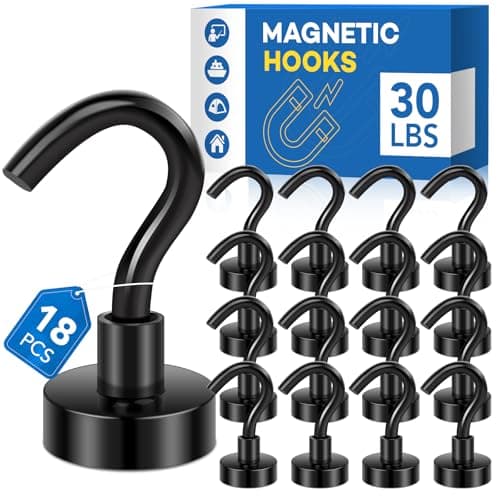 LOVIMAG Magnetic Hooks,30Lbs Black Magnet Hooks for Cruise Cabin, Magnetic Hooks for Hanging, Fridge, Classroom, Refrigerator, Ceiling, Office, Kitchen. Grill, Garage-18Pack