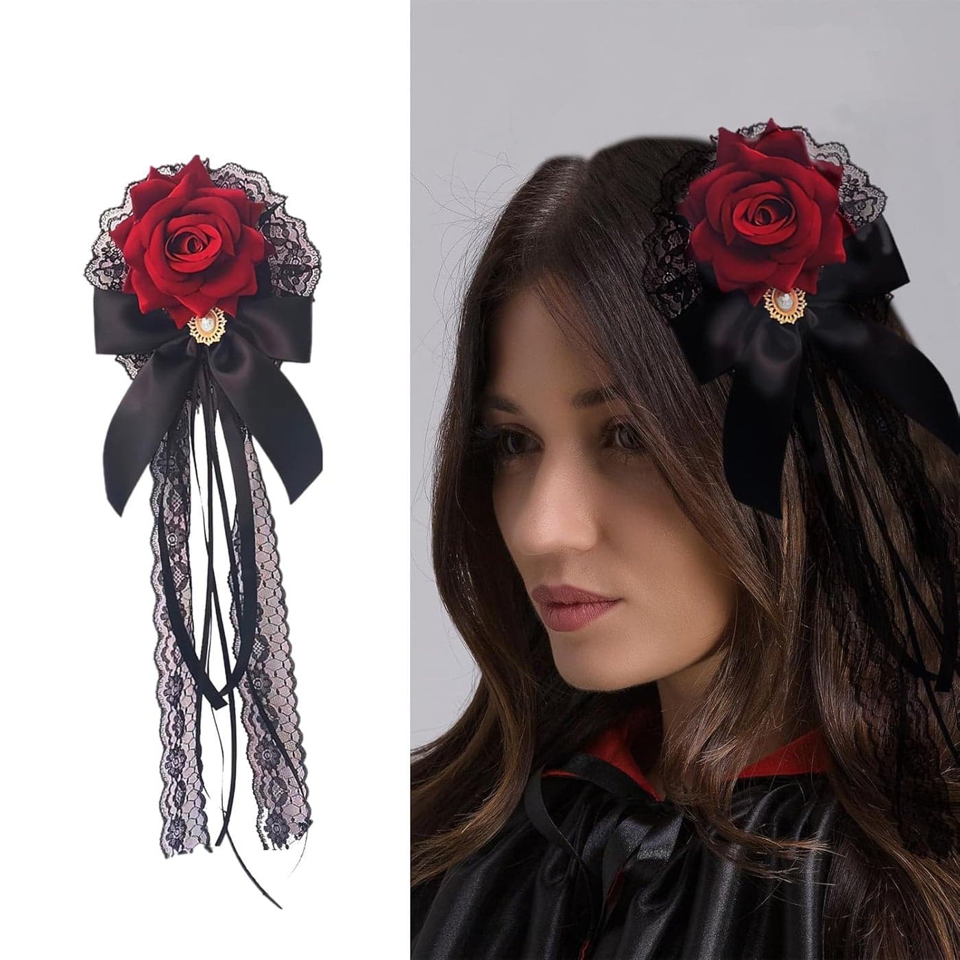 Rose Bow Hair Clip Lolita Gothic Rose Bowknot Lace Ribbon Hairpin Brooch Handmade Hair Bride Accessories for Halloween Cosplay Wedding Birthday Party Women Decoration Black Red