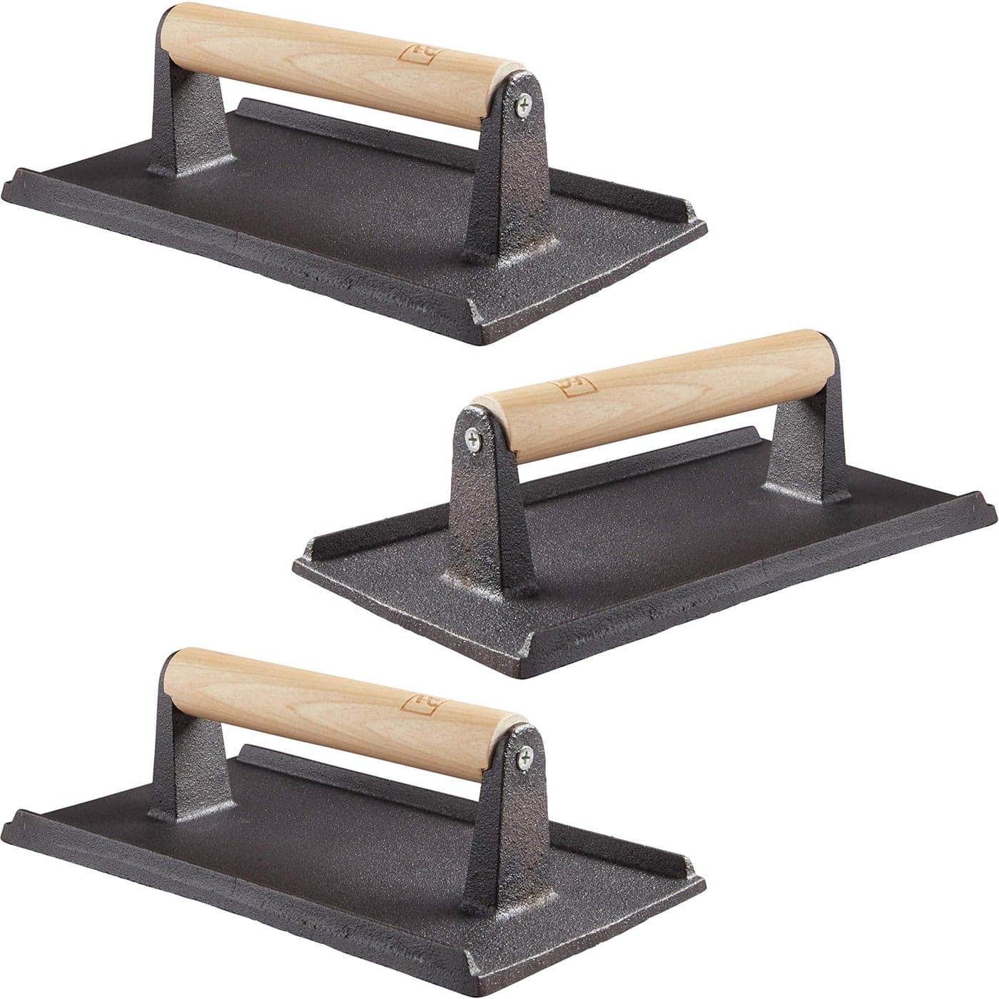 Pro Grade Pre Seasoned Cast Iron Grill Weight 3Pk Heavy Duty Steak and Burger Press with Wooden Handle for Grills Griddles and Flattops Perfect Gadget for Bacon Paninis Sandwiches and Vegetables