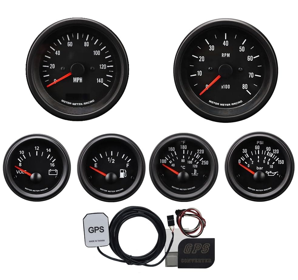 MOTOR METER RACING VD Vintage 6 Gauge Set with GPS Electrical Speedometer Digital Odometer Black Dial Red Needle White LED Illumination 85mm 338 52mm 2116
