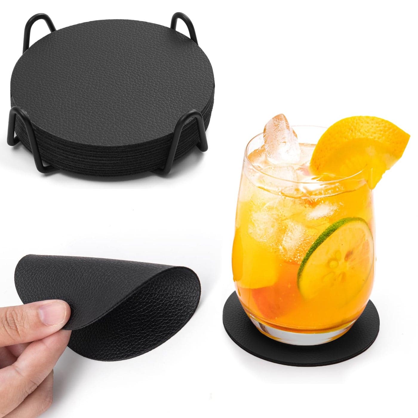 Chitomars CoastersLeather Coasters Set of 12 for Drinks Outdoor Coasters with Holder Mug Coaster Non Slip AntiHeat Cup Mats for Coffee Beer Mug Wine Glass Bottle Home and Bar Round Black Black