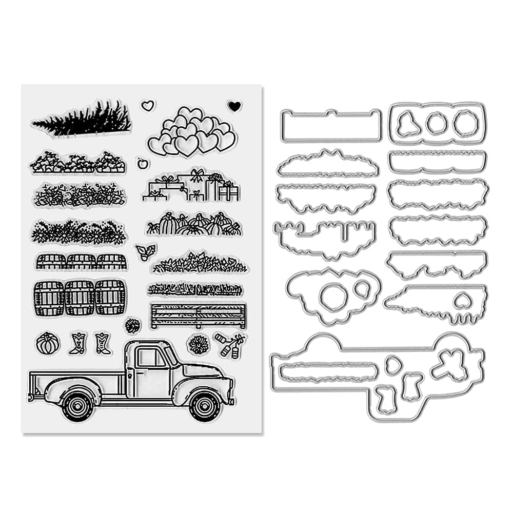 Hying Truck Grass Love Clear Stamps and Cutting Dies for Card Making and Photo Album Decorations Gifts Flowers Transparent Rubber Stamps Car Flower Die Cuts Seal for DIY Scrapbooking