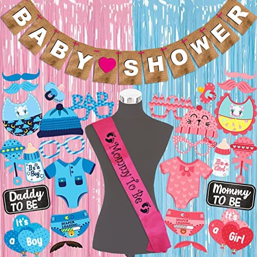 Wobbox Baby Shower Decoration Items| Baby Shower Ceremony Photo Booth Props for Photoshoot, Baby Shower Banner, Mom to Be Sash& Backdrop Foil Curtain, Godh Bharai Ceremony Decoration Kit-(FP1980)