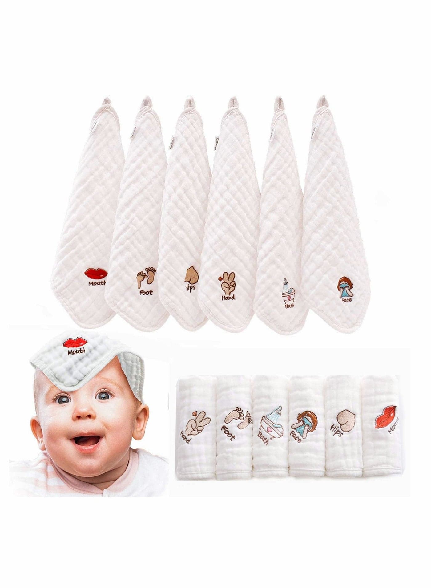 Baby Muslin Washcloths, Kids Face Towel Burp Cloths in Classified Design, Soft Fluffy Breathable Newborn Wash Wipes (6Pack)