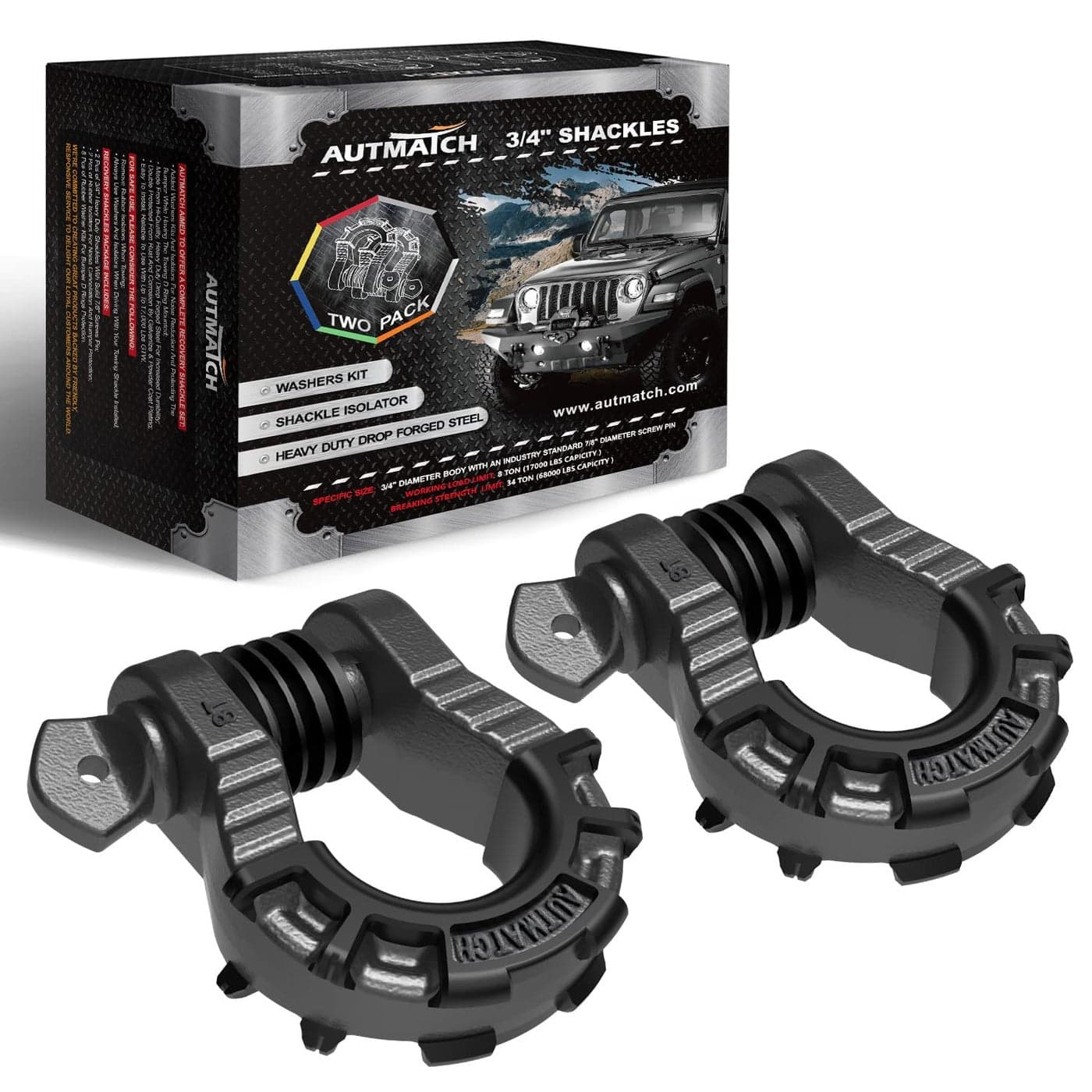 AUTMATCH D Ring Shackles 34 Mega Shackle 2 Pack 68000Ibs Break Strength with 78 Screw Pin and Shackle Isolator Washers Kit for Tow Strap Winch Off Road Vehicle Recovery Gunmetal Gray
