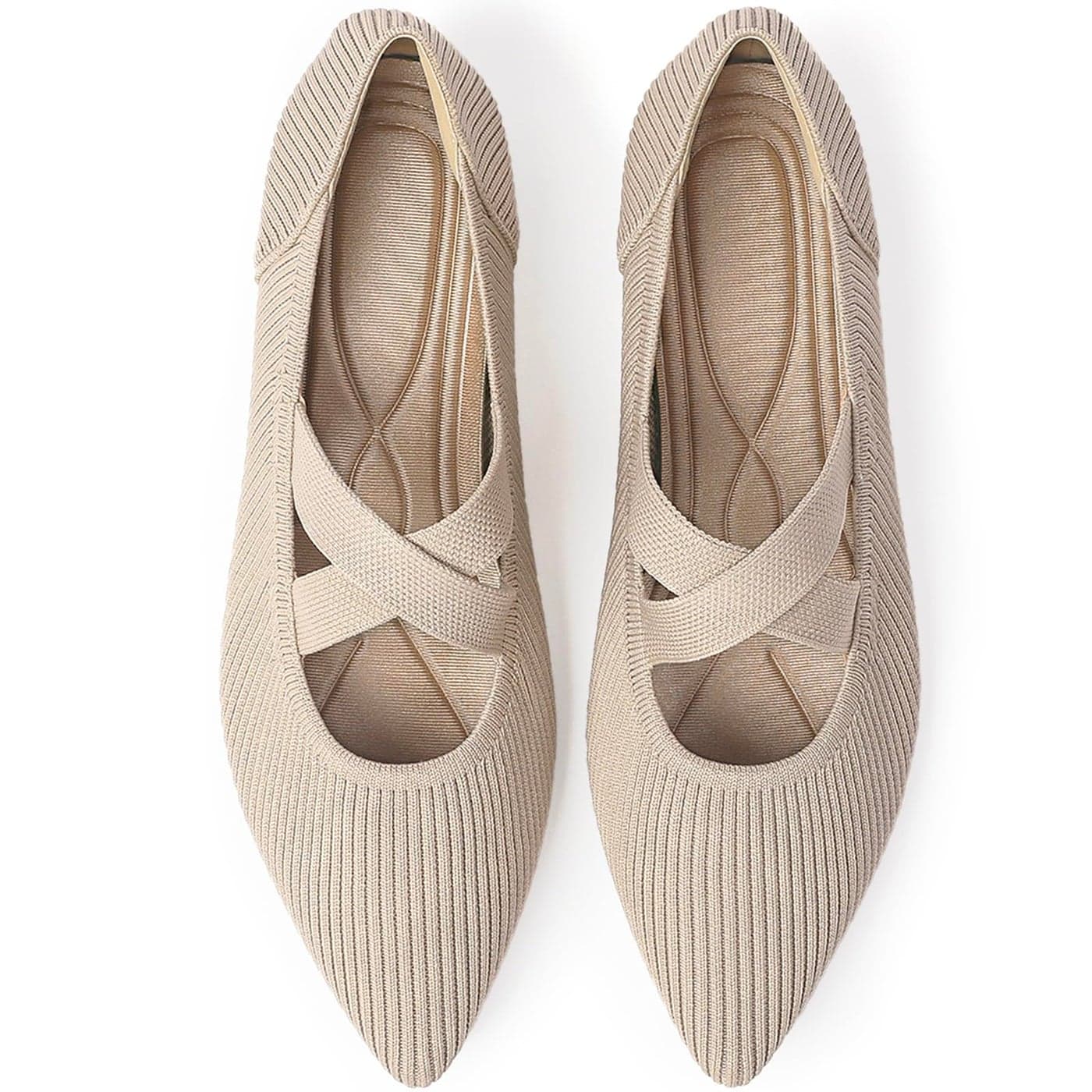 TINGRISE Womens Flats Shoes Pointed Toe Knit Washable Comfortable Dressy Mary Jane Ballet Flat with Strap Beige US9