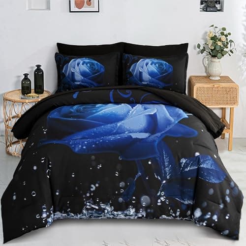 Xruibed Floral Comforter Queen Blue Bed in a Bag Rose Water Droplets Design 7PCs Comforter Set Soft Micorfiber Bedding Set (1 Comforter,2 Pillow Shams,1 Flat Sheet,1 Fitted Sheet,2 Pillowcases)