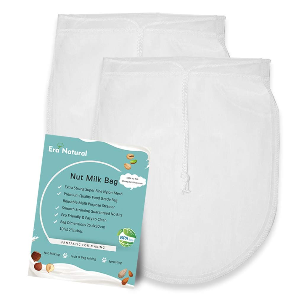 Era Natural Nut Milk Bag Reusable 2 Pack 12 x 10 Cheesecloth Bags for Straining AlmondSoy Milk Greek Yogurt Strainer Milk Nut Bag for Coffee Tea Beer Juice Nylon Mesh Cheese Cloth