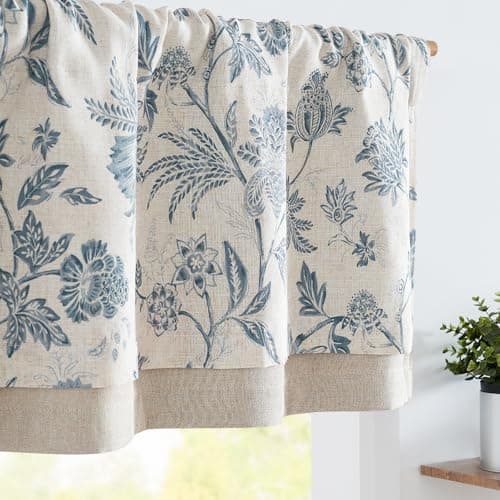 jinchan Floral Valance Curtain Linen Kitchen Valance for Windows 16 Inch Farmhouse Light Filtering Floral Short Window Treatment for Living Room 1 Panel Rod Pocket Double Layer Blue on Beige