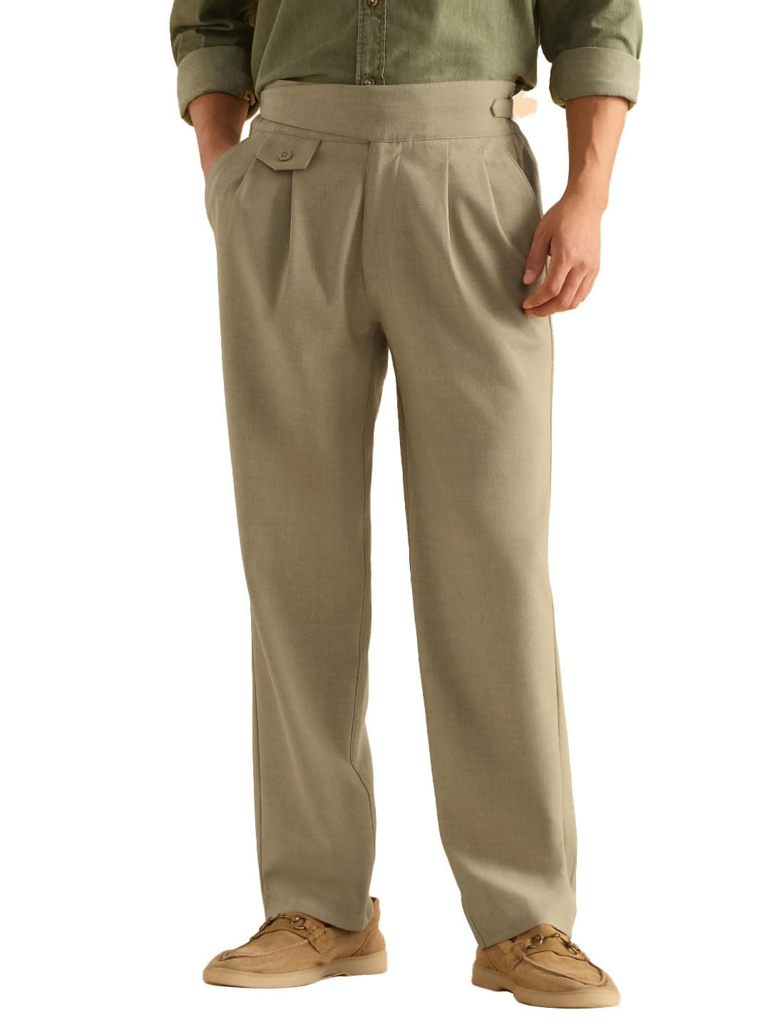 The Souled Store: Gurkha Pants Men and Boys Solid Polyester Blend Straight Fit Adjustable Waistband 4-Way Stretch Wrinkle Resistant Pleated Front Trousers Light Olive