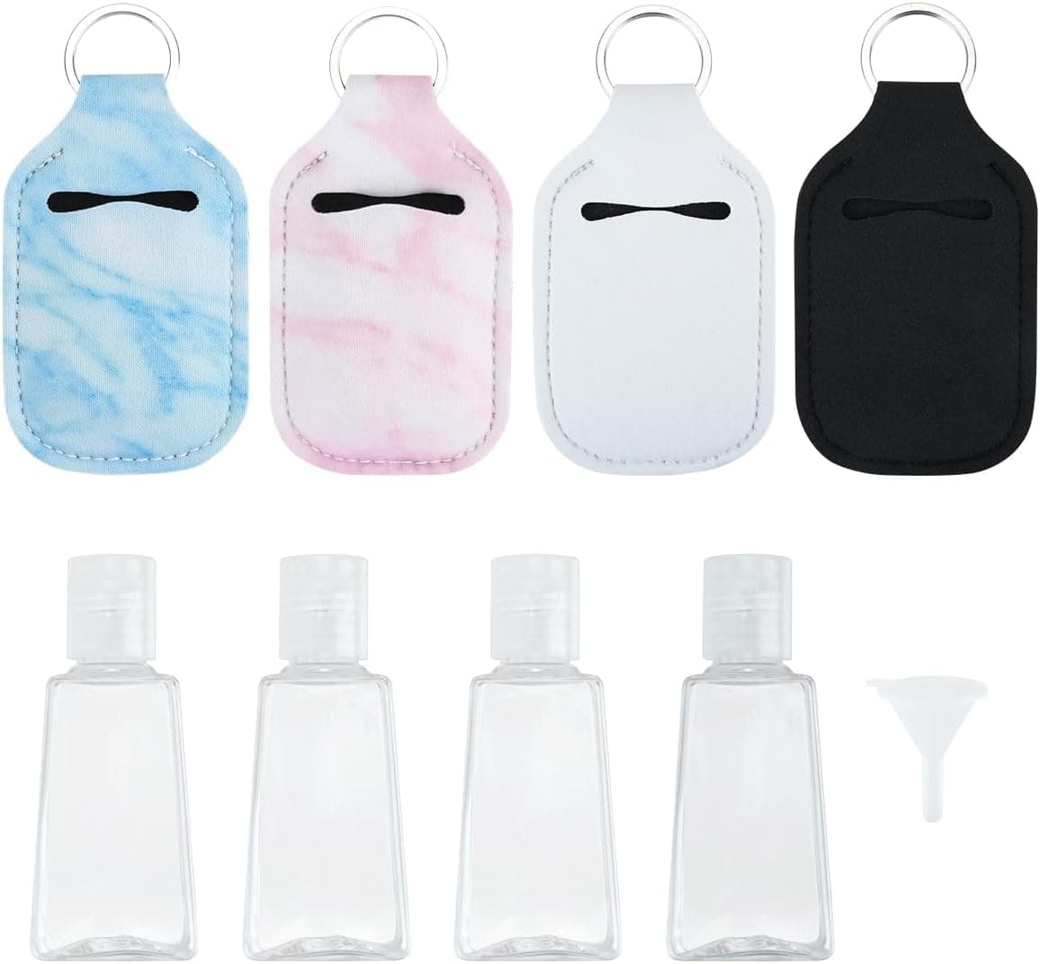 8Pcs Hand Sanitizer Keychain Holders, Set Includes 4 Pcs Holder Keychains and 4 Pcs Reusable Flip Cap Travel Bottles